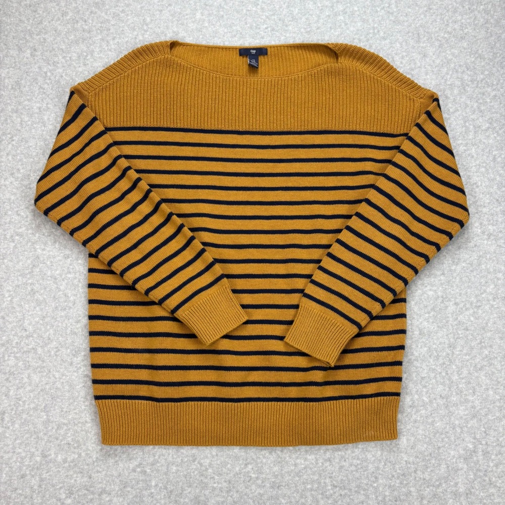 Gap Boatneck Striped Sweater Womens L Gold Navy Ribbed‎ Knit Nautical Layering